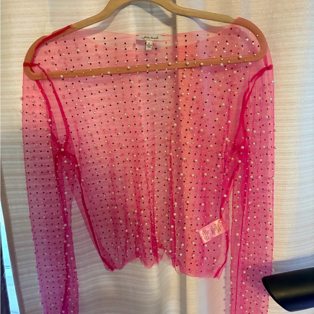 white birch Sheer Pink Crystal-Embellished Long Sleeve Top